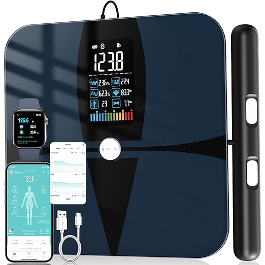 Lepulse Body Composition Scale, 8 Electrode Bathroom Smart Scale with BMI, Body Fat, Muscle Mass, Scale for Body Weight and Fat with 20 Body Fat Scale, Large Color Display and Report (Black)