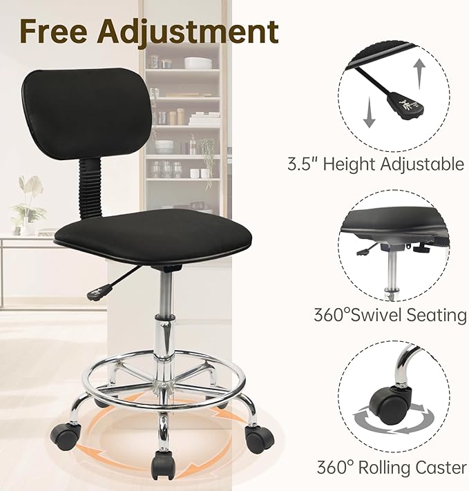 Low Wide Rolling Swivel Stool with Backrest, Adjustable Height Salon Chair Stools with Footrest for Spa Tattoo Office Desk Massage Task Lash Barber Facial, Black 1PK