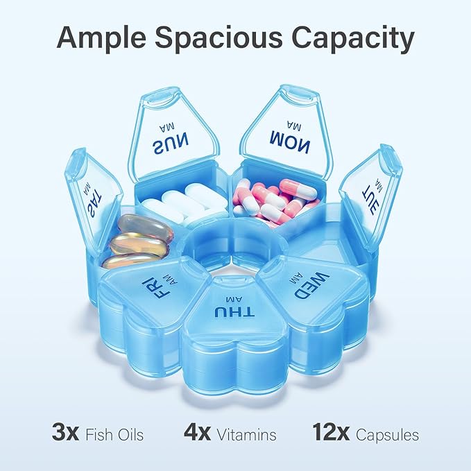 Weekly Pill Organizer, 7 Day AM/PM Pill Box with 14 Compartments, 2 Times a Day Travel Pill Case for Vitamins, Medicine, Fish Oil & Supplements (Blue)