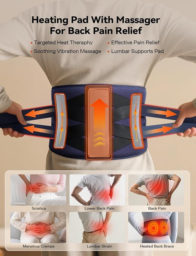 10000mAh Cordless Heating Pad for Back Pain Relief, Rechargeable Lower Back Massager with 3 Heat &Timer, 5 Vibration Portable Wearable Heating Pad for Cramps, Gifts for Women Men Mom Dad Mother Father