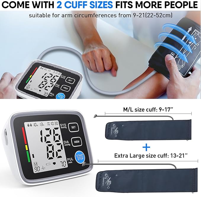 Upper Arm Blood Pressure Monitor for Home Use 2 Cuff Sizes, 9-17'' & 13-21''Extra Large BP Cuff Automatic Digital Blood Pressure Machine 2 Users 180 Memories USB Cable 4 AA Batteries