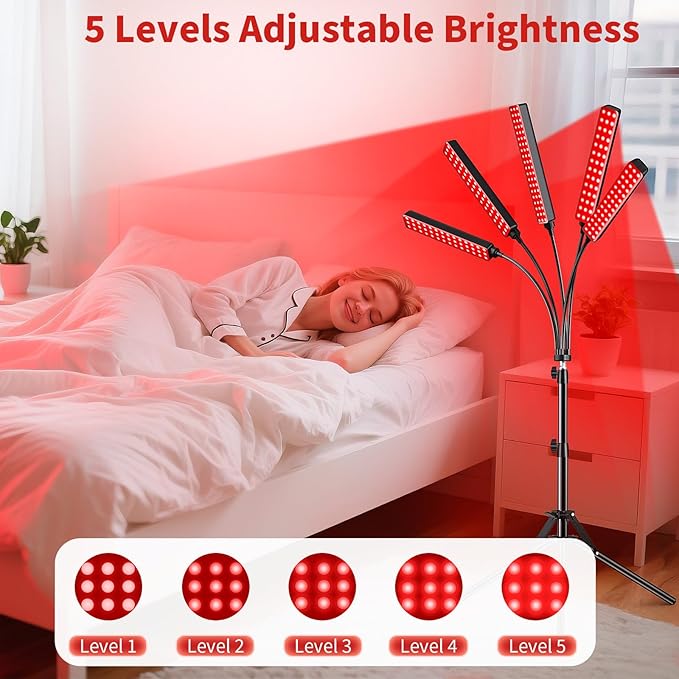 Cholas Red Light Therapy for Face Body, 5 Heads Red Infrared Light Therapy Devices with Stand, 5 Levels Adjustable Brightness 660nm and 850nm Near Infrared Light for Full Body, Muscle Gift for Women