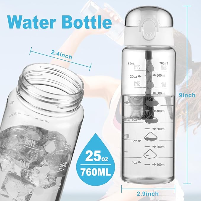 Clear Water Bottle, Wide Mouth Leakproof Water Bottle with Time Marker, 26OZ Plastic Water Bottles, Lightweight for Sports, Travel, White