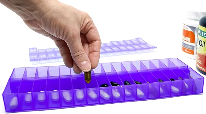 Once-a Day Monthly Pill Organizer Removable Lid for Easy Loading - Large Compartment Pill Box Medications for Entire Month Plus a Compartment for Extra Pills BPA Free