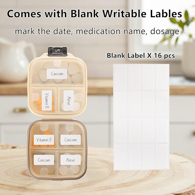 Weekly Pill Organizer, 7 Compartment Travel Pill Case with Rotatable Dose Recorder, Daily Waterproof Airtight Medicine Box for Vitamins & Supplements, Black Small, Cream White Small