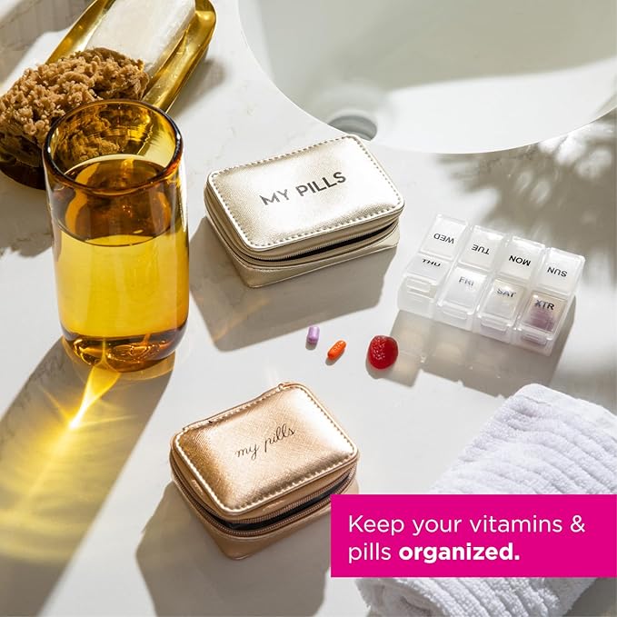 Miamica Women's Zippered Pill Case with 7-Day Removable Plastic Organizer, Cream, 8.1” x 3” x 1.75” – Weekly Medicine Box w/Roll Up Design