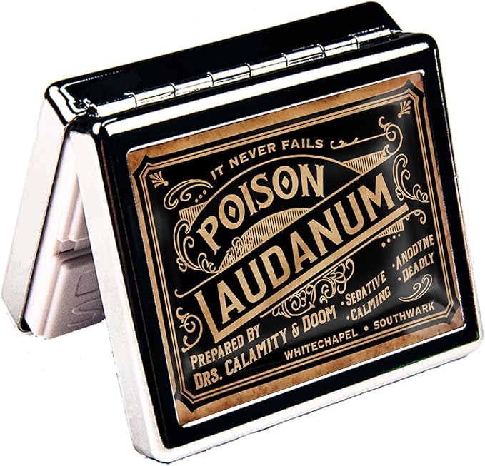 Silver Vintage Pill Box 7 Day Metal Pill Box with Mirror and 8 Compartments Cute Travel Pill Organizer for Purse (Poison Laudanum)