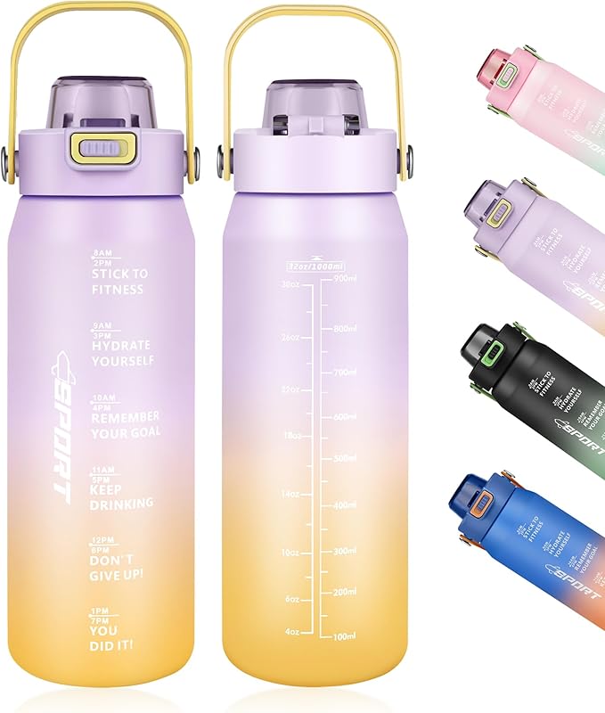 Motivational Water Bottle 32oz with Time Marker- Leakproof & BPA Free Sports Water Bottle with Straw & Carry Strap for Gym, Travel and Outdoor Sports (Purple/Yellow Gradient)