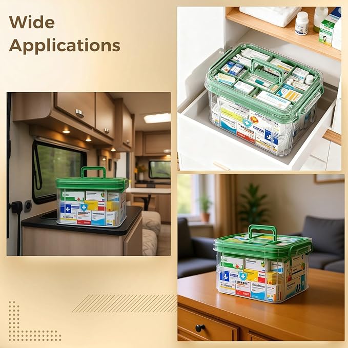 Varku Clear Medicine Storage Box, Large 13.3 x 9.4 x 7.5 in First Aid Organizer Box with Buckle, Handle and 2-Layer Design, Portable Medical Storage for Family Use