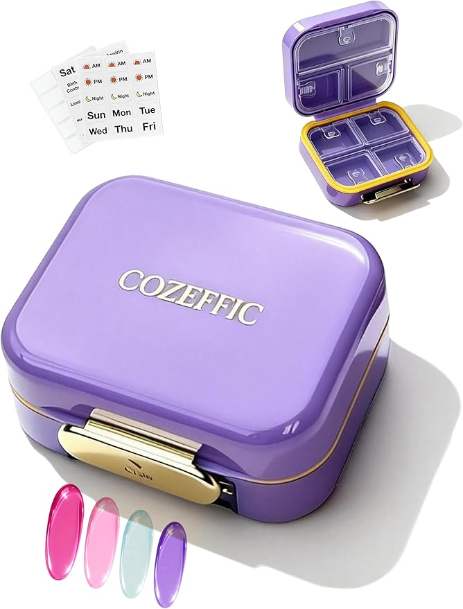 Small Pill Case Travel Pill Box with 7 Compartments for Purse - Compact Pill Organizer for Medicine Vitamin - Portable Container for Supplements & Fish Oil - Lavender