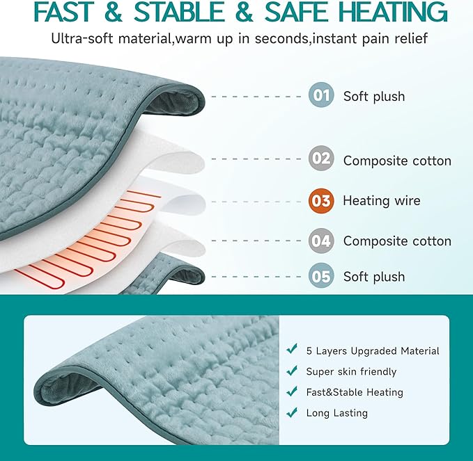 Heating Pad for Period Cramps, Heating Pad for Back/Neck/Shoulder Muscle Pain, 6 Heating&4 Timer Setting, Auto Shut Off, Dry/Moist Heat & Machine Washable, Gray Birthday Christmas Gifts for Women Mom