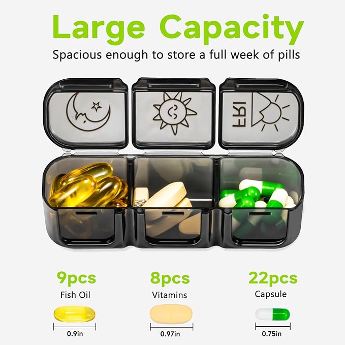 Weekly Pill Organizer 3 Times a Day, Travel Pill Box 7 Day, Portable Daily Pill Case Container, Large Medicine Organizer to Hold Vitamin, Fish Oils, Supplements