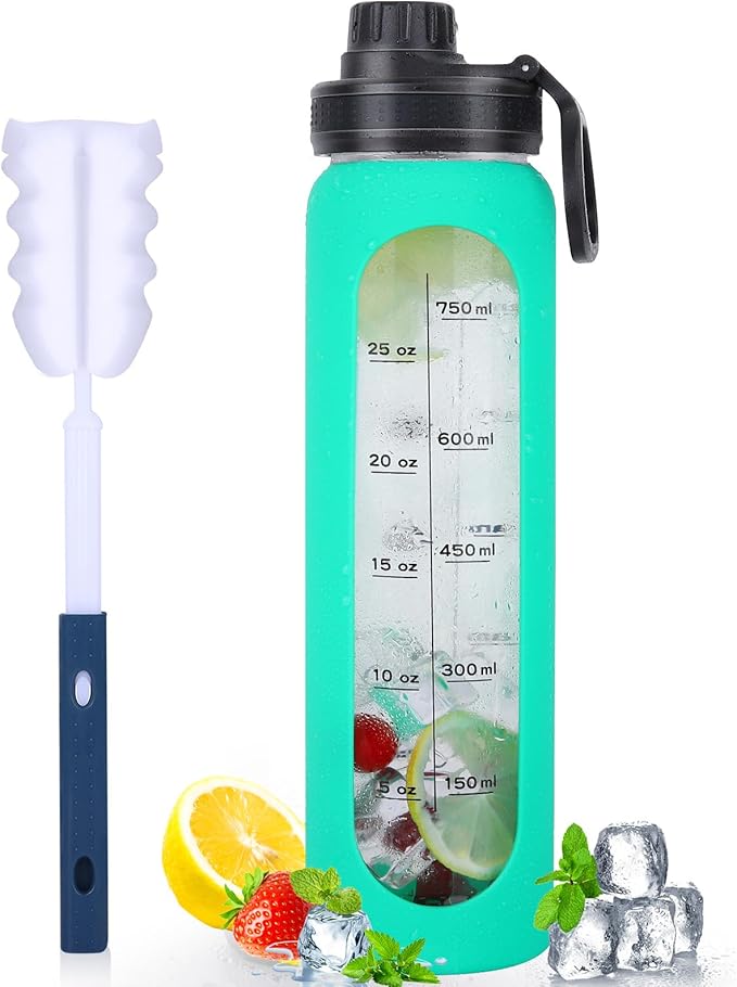 GIEMIT Glass Water Bottles 32oz with Silicone Sleeve Drinking Hydration Bottles Reusable Borosilicate Wide Mouth Motivational Water Flask Canteen with Time Marker Spout Lid and Brush (Green - 32 oz)