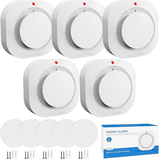 Smoke Detectors for Home,Photoelectric Wireless Fire Alarms Replaceable Battery Powered,Portable Smoke Alarm with Test/Mute Button,Attic Smoke Detector,5 Pcs