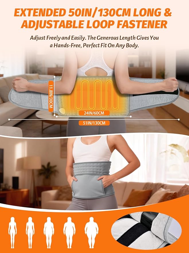 Extended Electric Heating Pad Belt Wrap for Period Cramps Abdomen Waist Lower Back Neck Shoulders Leg Arms Pain Relax with 3 Meters Power Cord Timer Temperature Settings Auto Shut Off Mom Dad Gift
