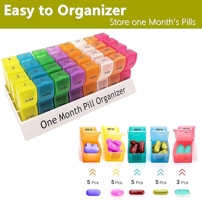 Monthly Pill Organizer 2 Times a Day, 30 Day One Month Pill Box AM/PM, Weekly Pill Holder Pill Case for Vitamins, Fish Oil, Supplements & Medication