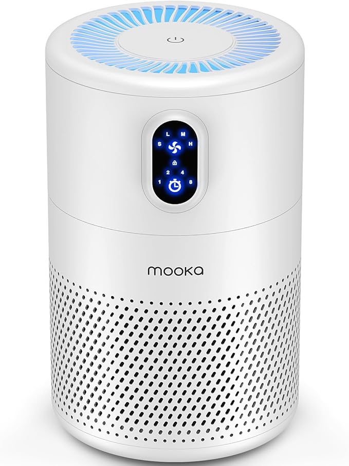 MOOKA Air Purifiers for Home Large Room up to 1076ft², H13 True HEPA Air Filter Cleaner, Odor Eliminator, Remove Smoke Dust Pollen Pet Dander, Night Light, B-D02L White