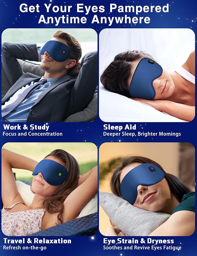 Heated Eye Mask-Cordless Warm Eye Compress Heated Eye Mask for Dry Eyes, Blepharitis,Light Blocking Heat Eye Mask for Men Women, Electric Warm Eye Mask for Airplane Sleeping for Travel (Navy Blue)