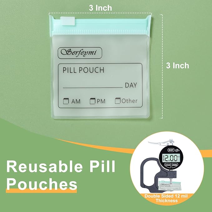 Serfeymi 48 Pcs Pill Pouch Bags for Travel Reusable Plastic Bags 3x3 Inch 12 mil (Double Sided) Translucent Zippered Pill Pouches for Medicine with Slide Lock & Writable Label, 1Pc Marker-Green+Yellow