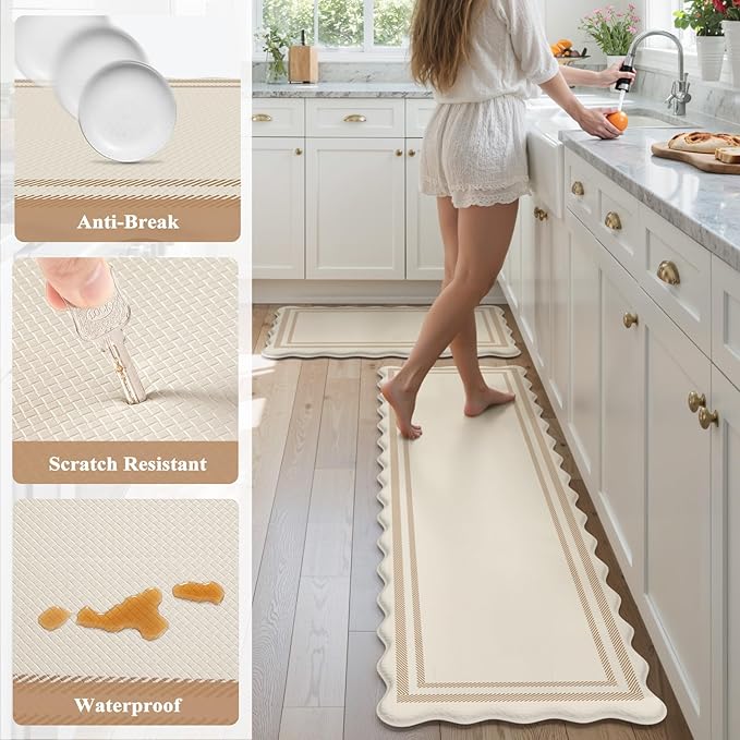 KIMODE Anti Fatigue Kitchen Mats, Beige Boho Kitchen Rugs, Padded Kitchen Mat for Floor, Comfort Standing Desk Mat, Cushioned Kitchen Mats for Floor 2 Piece for Laundry Office Sink 17"x59"+17"x29"