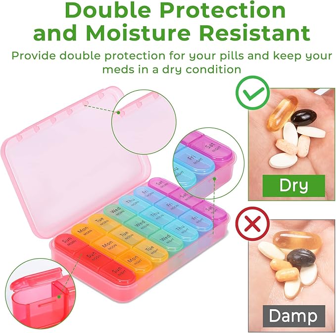Daviky Daily Pill Box Organizer - 7 Day Pill Box with 3 Compartments, Holds Vitamins and Medication
