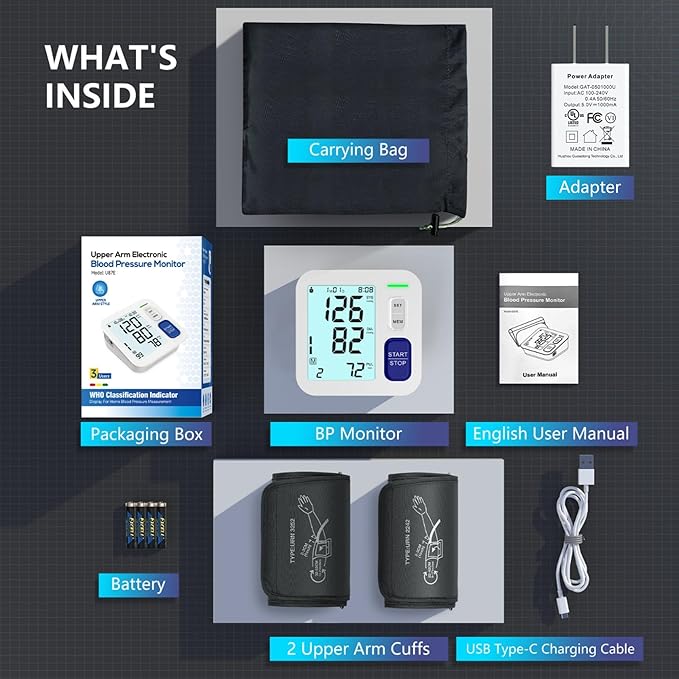 Blood Pressure Machine Upper Arm, 2 Size Cuffs Included, Medium/Large 9"-17" and Extra Large XL Cuff 13"-21", Accurate Automatic Digital BP Monitor for Home Use, Large Backlit LCD, 3 Users