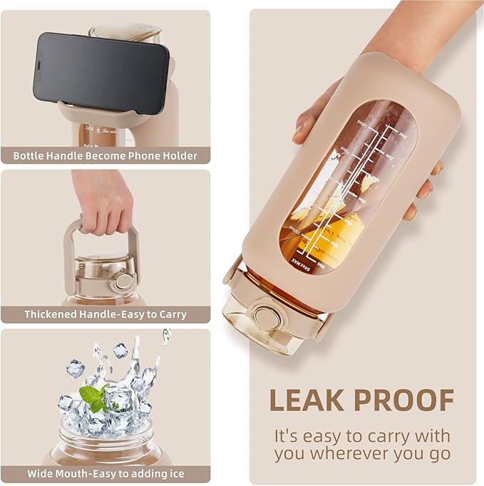 Glass Water Bottle with Straw and Handle Lid Half Gallon Motivational Glass Bottle with Silicone Sleeve and Time Marker Large Reusable Sports Water Jug for Gym Home Workout