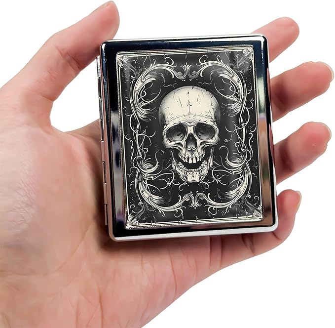 Cute Travel Pill Box Organizer with 8 Compartments - Compact and Fashionable Pill Case with Mirror - Ideal for Medications (Vintage Skull)