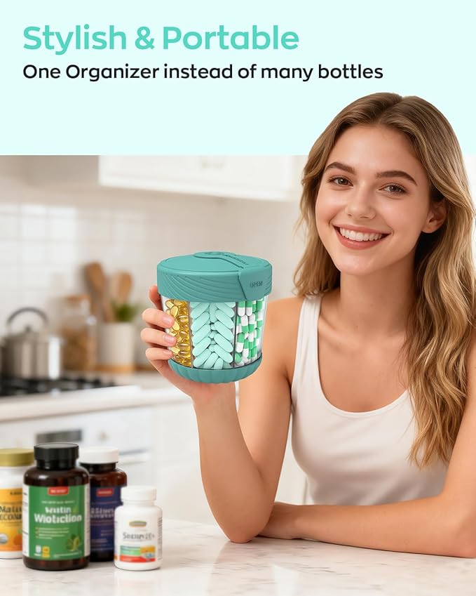 Large Pill Dispenser, Portable Pill Bottle Organizer for 7 Vitamins, Anti-Mix Supplement Organizer with Easy Twist Wide Opening, BPA-Free Pill Container, 20 Pcs Labels Included, Cyan