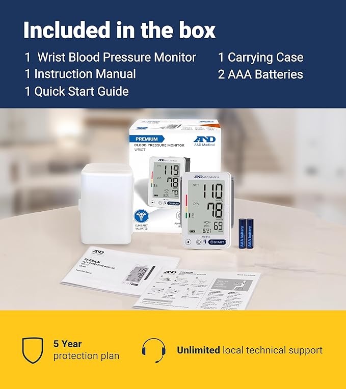 A&D Medical Essential One Wrist Blood Pressure Monitor for Home Use, UB-543, BP Adjustable Cuff (5.3-8.5"/13.5-21.5 cm), 2 Users, One Button Operation, 60 Reading Memory, Carrying Case, 2 AAA Battery