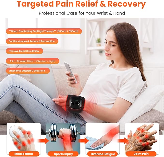 Keneo Red Light Therapy Wristband for Hand & Wrist, 660nm & 850nm Near Infrared Light Device, 3 Heat & Vibration Massage Settings, 2000mAh Wireless, 36 LEDs for Comfort & Recovery (Black)