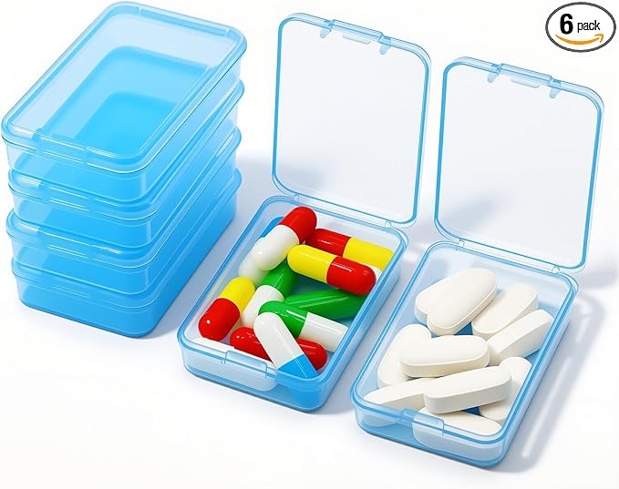 6 PCS Small Pill Box, Tiny Pill Case,Mini Clear Plastic Storage Containers Cute Travel Pill Organizer Case Portable for Pocket Purse Briefcase (Blue)