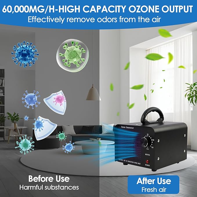 Ozone Generator 60,000mg/h - High Capacity Air Purifier Deodorizer for 4000 sq ft, Eliminates Odors, Smoke, Pets, Best for Home & Industrial Use, Plug-in Air Ionizer, Black
