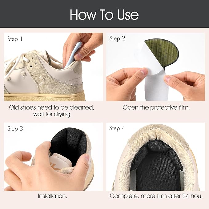 Back of Heel Cushion Pads, 4Pcs Mesh Adhesive Heel Grips Inserts for Boots, Loose Shoes Too Big, Reusable Heel Guards Liners for Women Men, Anti Blister Shoe Liners Heel Protectors (Black)