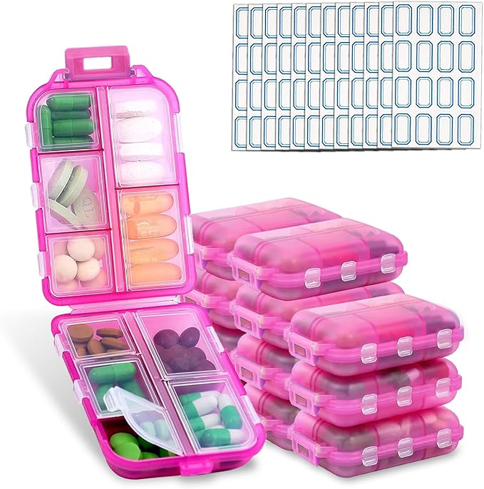 INVODA 12PCS 10-Compartment Pill Organizer BPA-Free Travel Pill Case with Daily Labels Portable Medicine Box for Vitamins, Supplements & Jewelry
