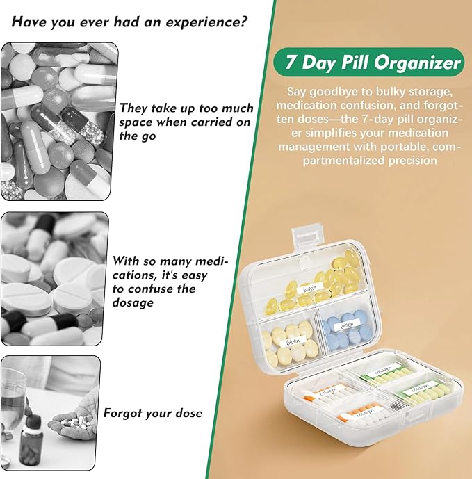 7 Day Pill Organizer with Snap-Lock Leakproof Design - Portable Travel Pill Case for Pills, Vitamins, Supplements, BPA-Free Mini Medicine Box for Work, Outdoor, Traveling (Clear)