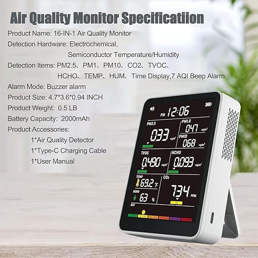 Professional Indoor Air Quality Monitor with AQI Alerts, Portable Real-Time Detector for Home, Car, Plants & Pet