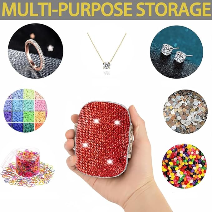 Daily 6 Compartments Pill Box Container Bling Diamond for Purse Medicine Container Holder for Women Travel Kit Medicine (Red)
