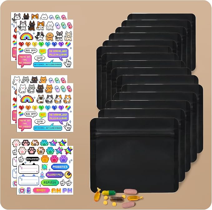 Reusable 7-Day Pill Pouch Set, Durable Multi-Purpose Travel-Sized Baggies, Light Blocking Medicine Bags with 166 Pet Stickersn, Silicone Storage, Clear, BPA Free(Black)