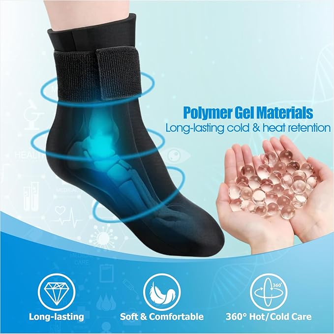 Foot Cold & Hot Gel Pack Sock for Neuropathy, Plantar Fasciitis, Gout, Swelling, Sprains, Heel & Ankle Pain Relief, Injury Recovery Cooling Compress Wrap (Black-2pcs)