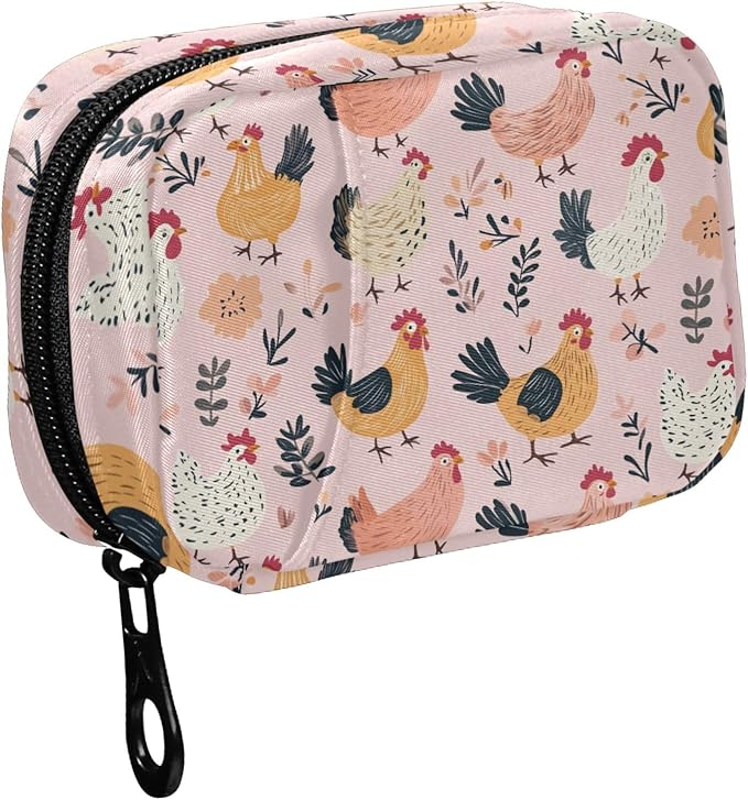 Fustylead Hand Drawn Cartoon Hens and Roosters on Pink Background Travel Pill Case Bag with Zipper Weekly Pill Box 8 Compartments 7 Day Personal Pill Case Purse Medicine Case Organizer