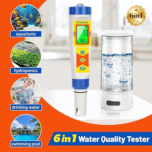 Hydrogen Water Tester pH Meter 6 in 1 pH H2 ORP TDS EC Temp Tester Dissolved Hydrogen Tester for Hydrogen Water Bottle pH and ORP Meter for Household Drinking Water Hydroponics Pool