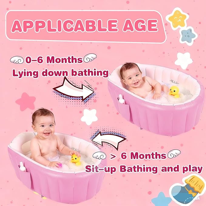 Inflatable Baby Bathtub, Collapsible Safe Baby Bath Tub, Portable Travel Shower Basin with Built-in Air Pump, Newborn to Toddler Bath Tub, Deflates and Folds Easily, Non-Slip (Pink)