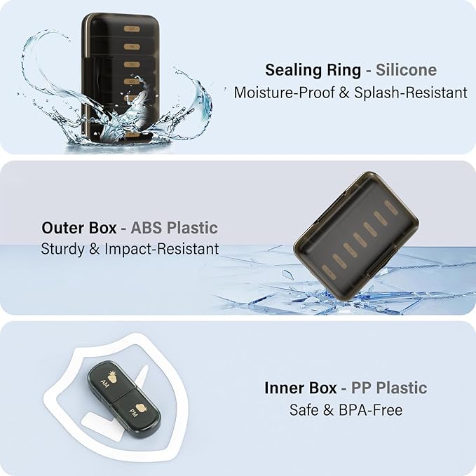 Weekly Pill Organizer 2 Times a Day, 7 Day Pill Box 2 Times, Portable for Travel Pill Case for Pills/Vitamin/Fish Oil/Medication/Supplements (2x7 Black)
