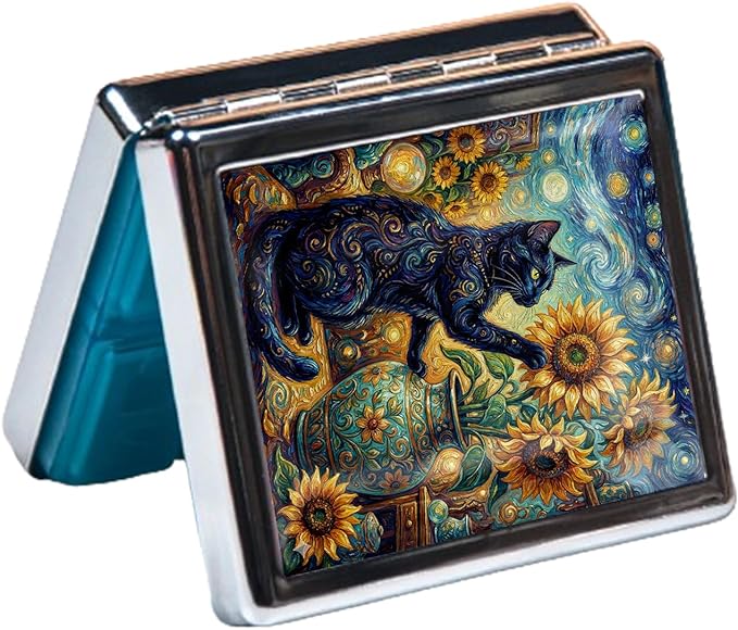 Metal 7 Day Pill Organizer, Weekly Pill Case with 8 Compartments, Travel Pill Box for Purse & Pocket, Small Medicine & Vitamin Organizer with PP Dividers (Starry Sunflower Cat)