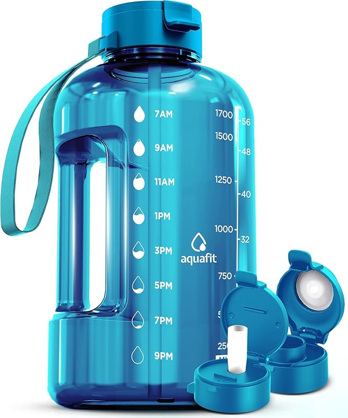 AQUAFIT 64 oz Water Bottle with Time Marker - Straw & Chug Lid - BPA Free Half Gallon Gym Water Bottle with Handle - Big Gallon Jug (Aqua, 64 Ounces)