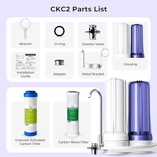 iSpring CKC2 2-Stage Countertop Water Filter, NSF/ANSI 58 Certified, Reduces PFAS, Chlorine, Sediment & Odor, 8000 Gallons, Up to 12 Months, Easy Installation, 2.5" x 10" - 2 Filters Included