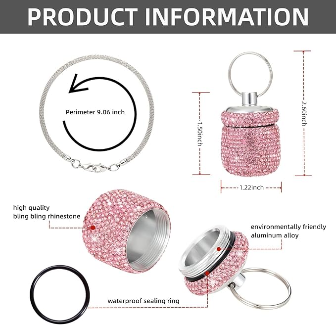 Pill Case for Purse Small Pill Container Keychain Bling Medicine Holder with Keychain Travel Medicine Organizer Bottle for Vitamin Supplement(Pink)