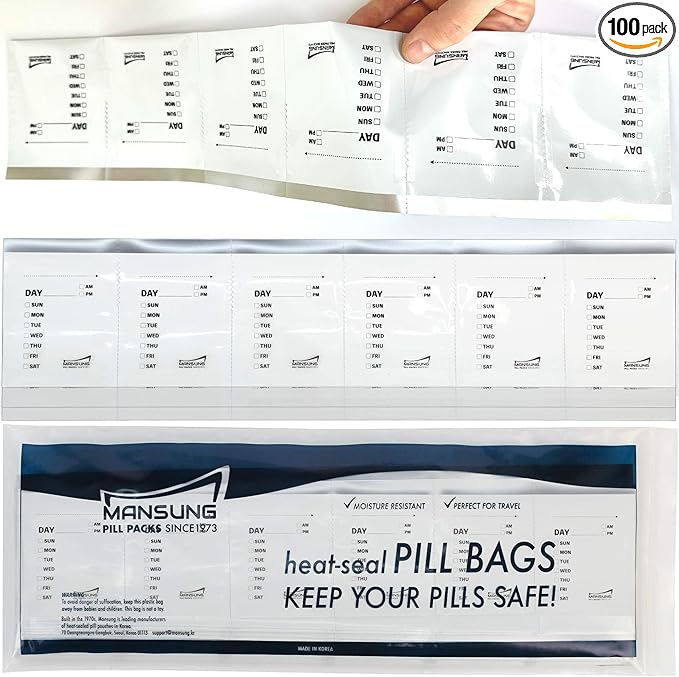 Mansung M 600 Mylar Heat Seal Pill Bags -Labeled 2.7x3.5 inch - Aluminum Foil Packets Pillsuite Organizer Smell Proof Packaging Easy Tear Open Top Pillpack Packets for Travel Food Storage Pouche Pack