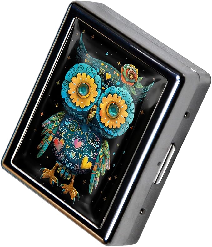 Metal Pill Organizer Box with Mirror – 8 Compartment Chrome Pill Case, Pocket-Size Travel Pill Container for Vitamins, Seniors, Daily Use (Whimsical Owl of Hearts)